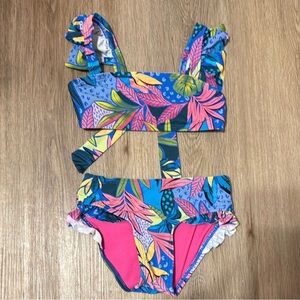 GB Girls Colorful Neon Leaf Print Ruffle Bandeau Bikini 2 piece Size 3T EUC